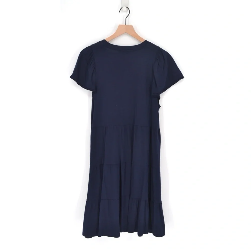 J. Crew Knit Broken In Jersey Tiered Mini Dress Flutter Short Sleeve Navy Blue M